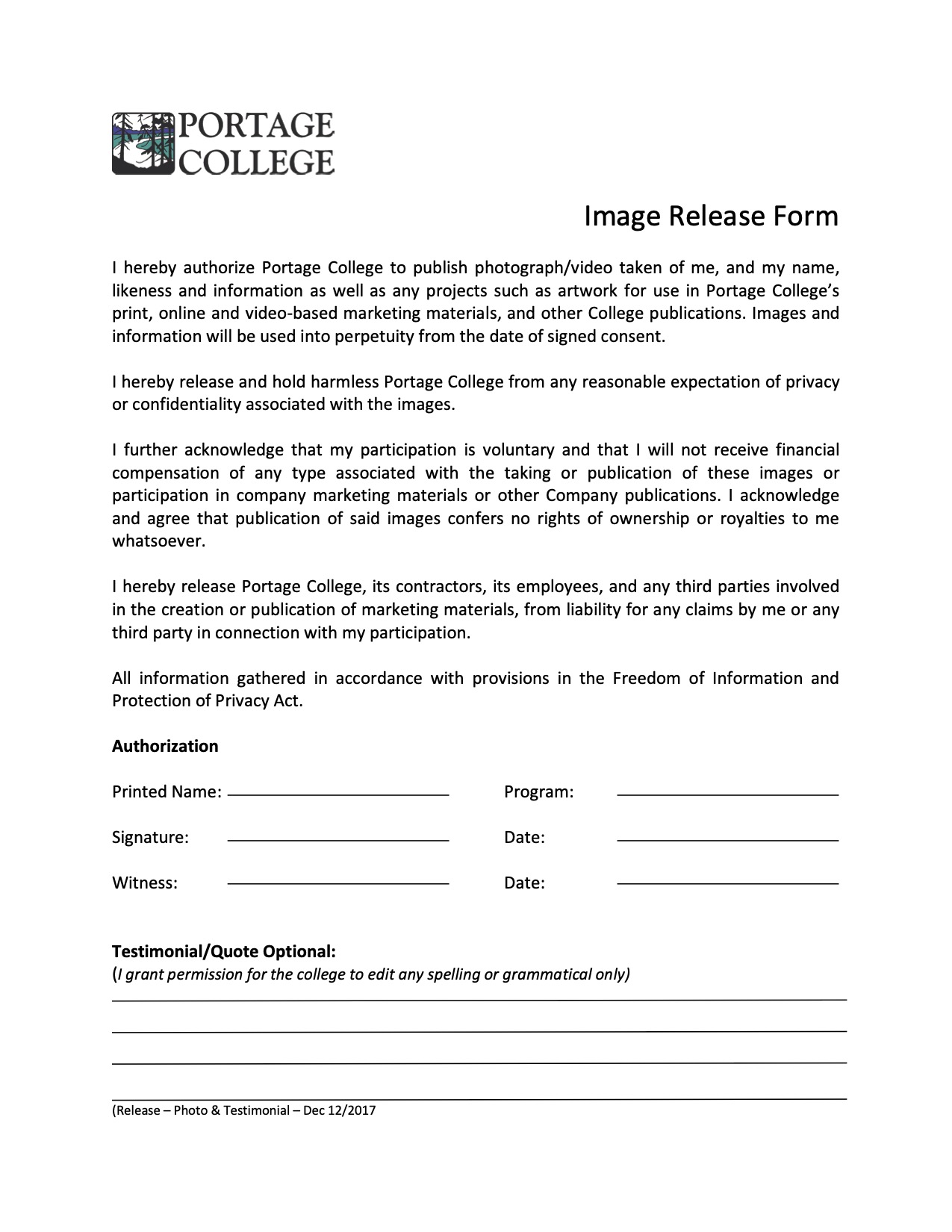 Image Release form 2017