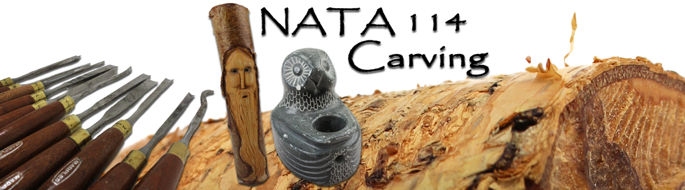 carving tools, man carved into stick, soap stone bird and close up of bark